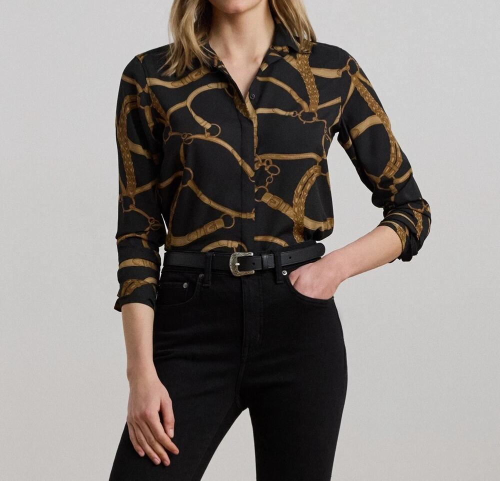 Lauren Ralph Lauren Belting Equestrian Print Top Womens 3X Collar Button Down